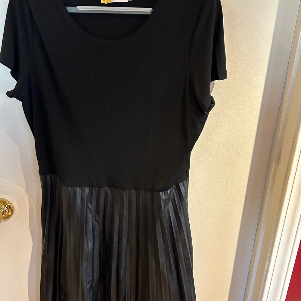 Calvin Klein black jersey top & black faux leather midi dress